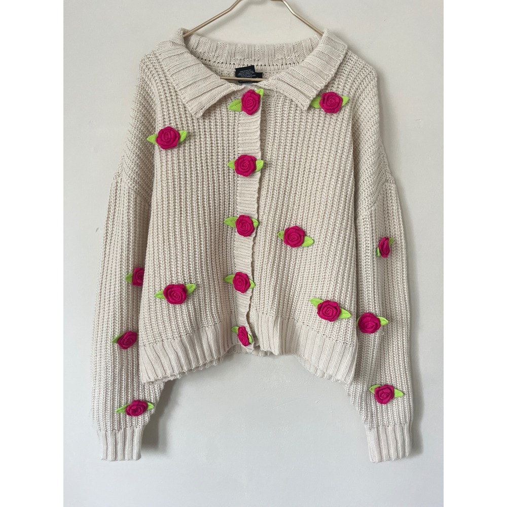 Sweet Society Cream Ribbed Knit Cardigan Pink 3D Rose Floral Cottagecore Boho XL